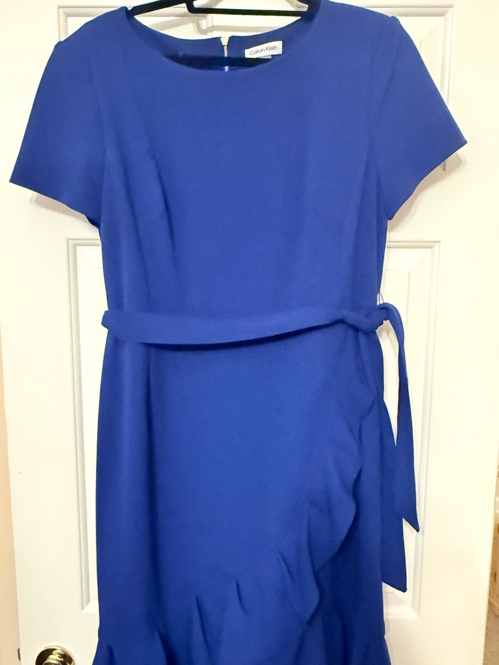 Calvin Klein Royal Blue Short Sleeve Midi Dress with Waist Tie Size 14